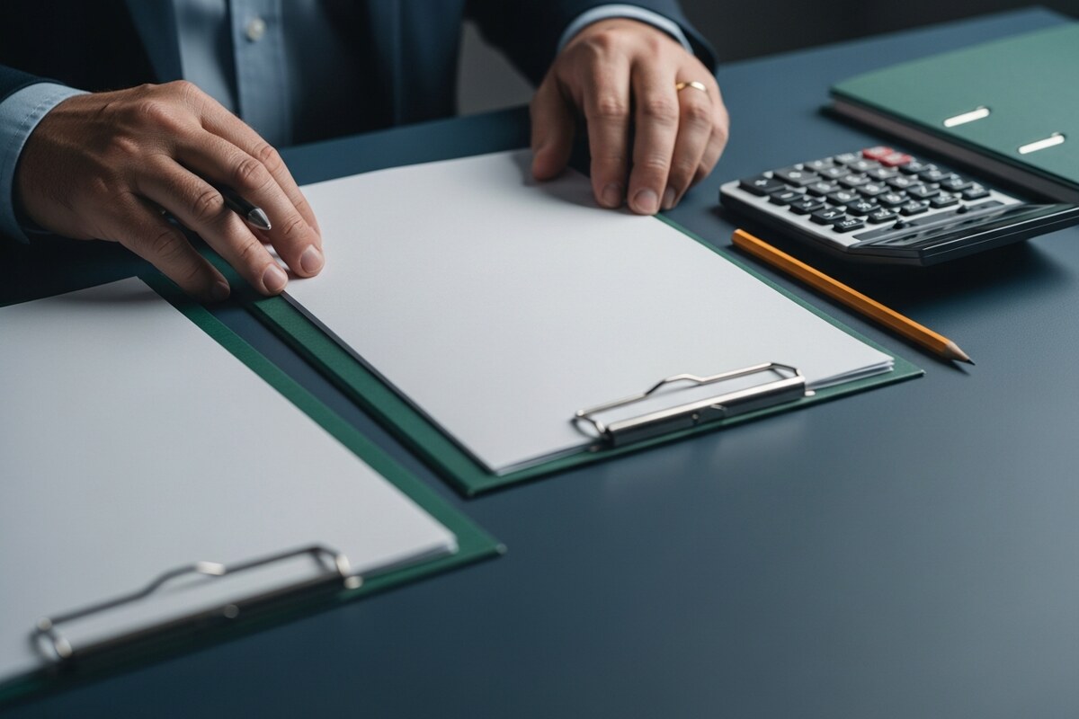 Hands arranging client files beside calculator and pencil