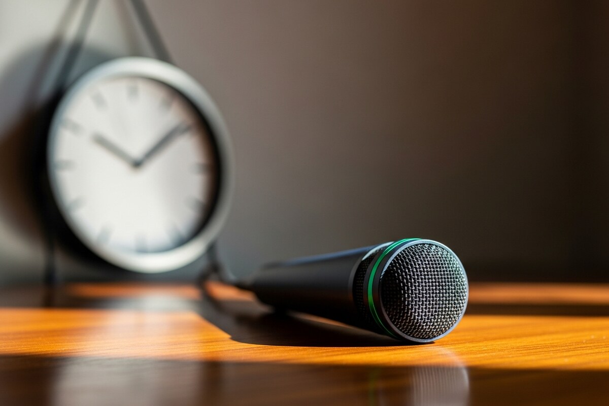 USB conference microphone and wall clock on polished wooden desk in warm light