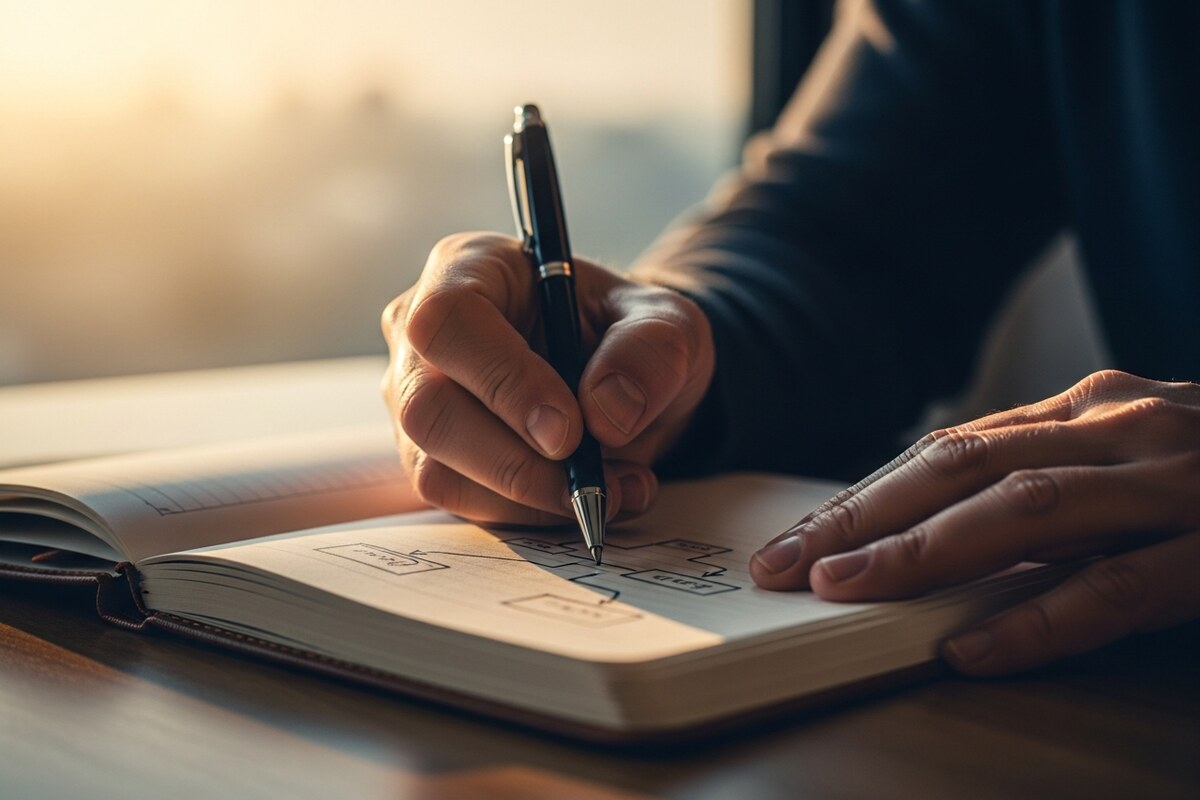 Close-up of hands writing a service workflow diagram in a leather-bound notebook on a warm wooden desk