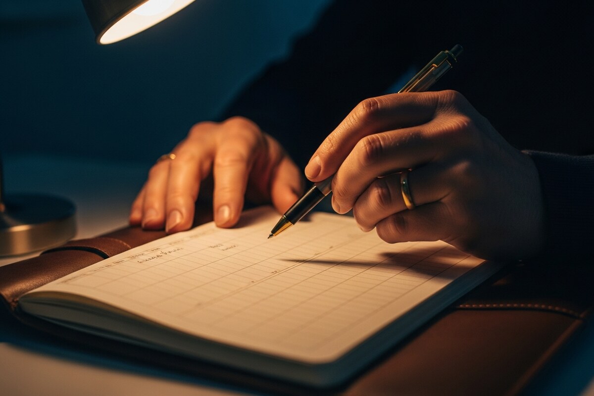 Hands writing appointment schedule in leather notebook under warm focused side lamp