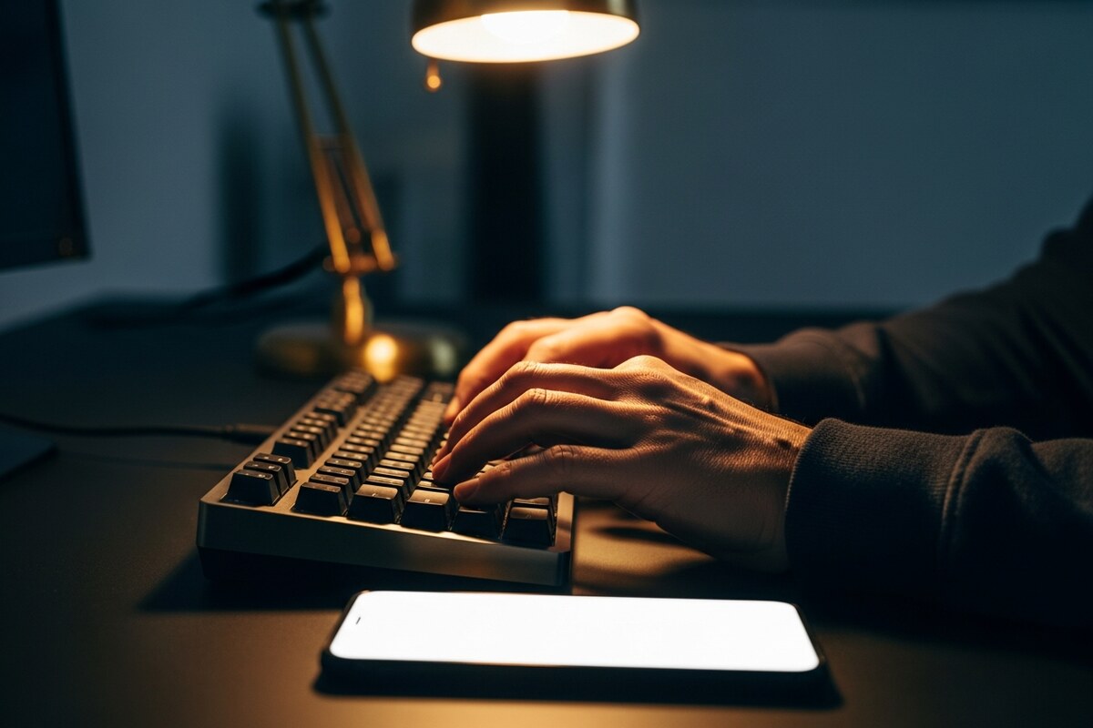 Close-up of hands on keyboard managing a remote AI messaging automation service
