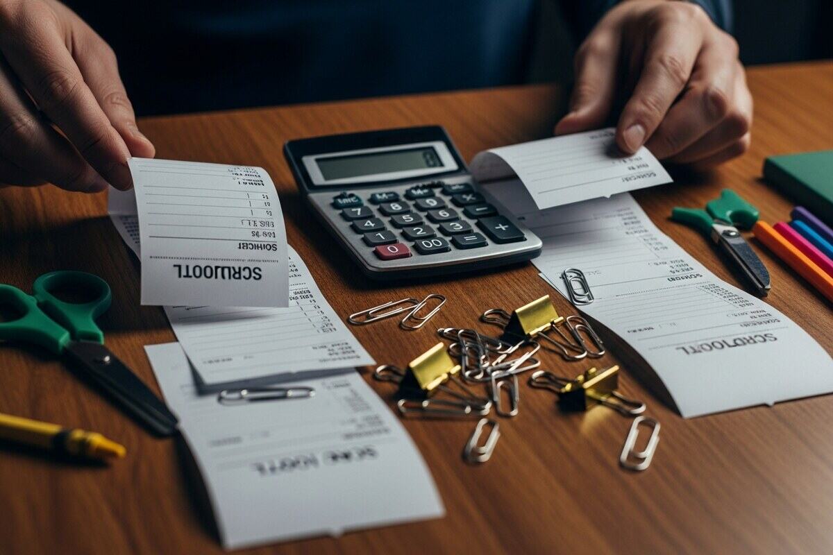 Hands organizing blank school receipts and calculator