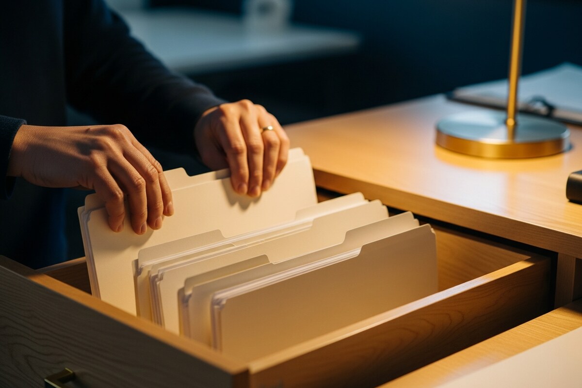 Hands organizing blank document folders into filing drawer in warm directional lamp light