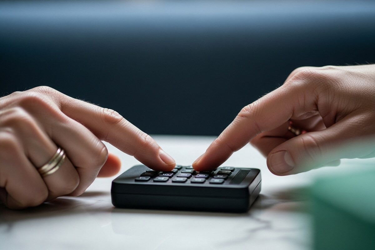 Hands entering passphrase on hardware crypto wallet keypad on marble surface