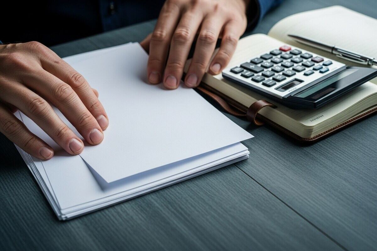 Hands reviewing blank proof pages beside a calculator