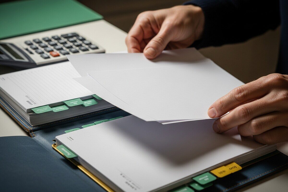 Operator reviewing blank invoices and calculator for translation pricing