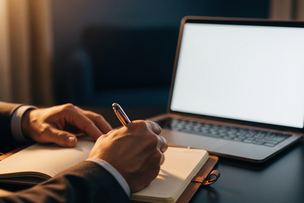 Hands reviewing translation notes beside a blank laptop
