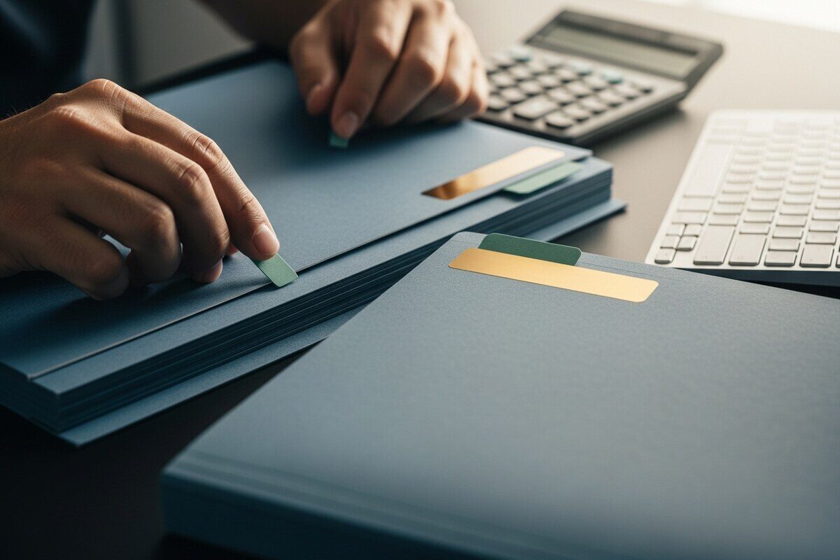 Hands organizing client translation folders beside a calculator