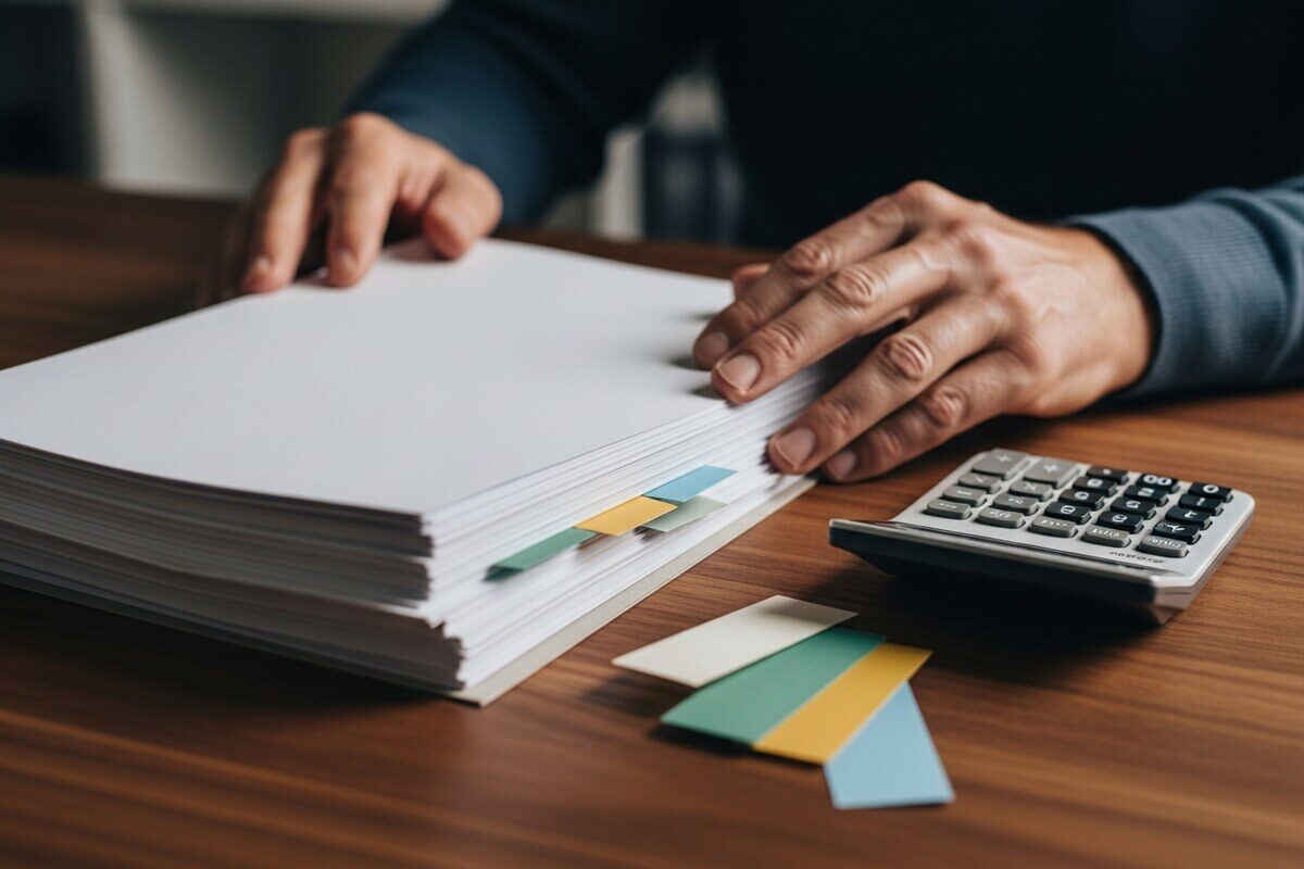 Hands organizing client translation files beside a calculator