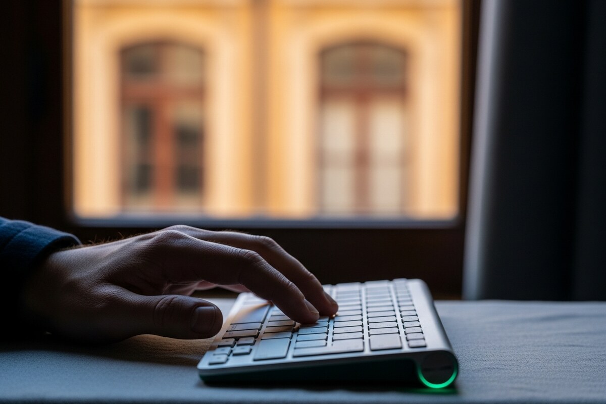 Close-up of hand near wireless keyboard with blurred European window light in background