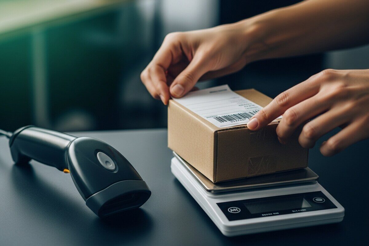 Hands preparing a blank parcel for international ecommerce shipping