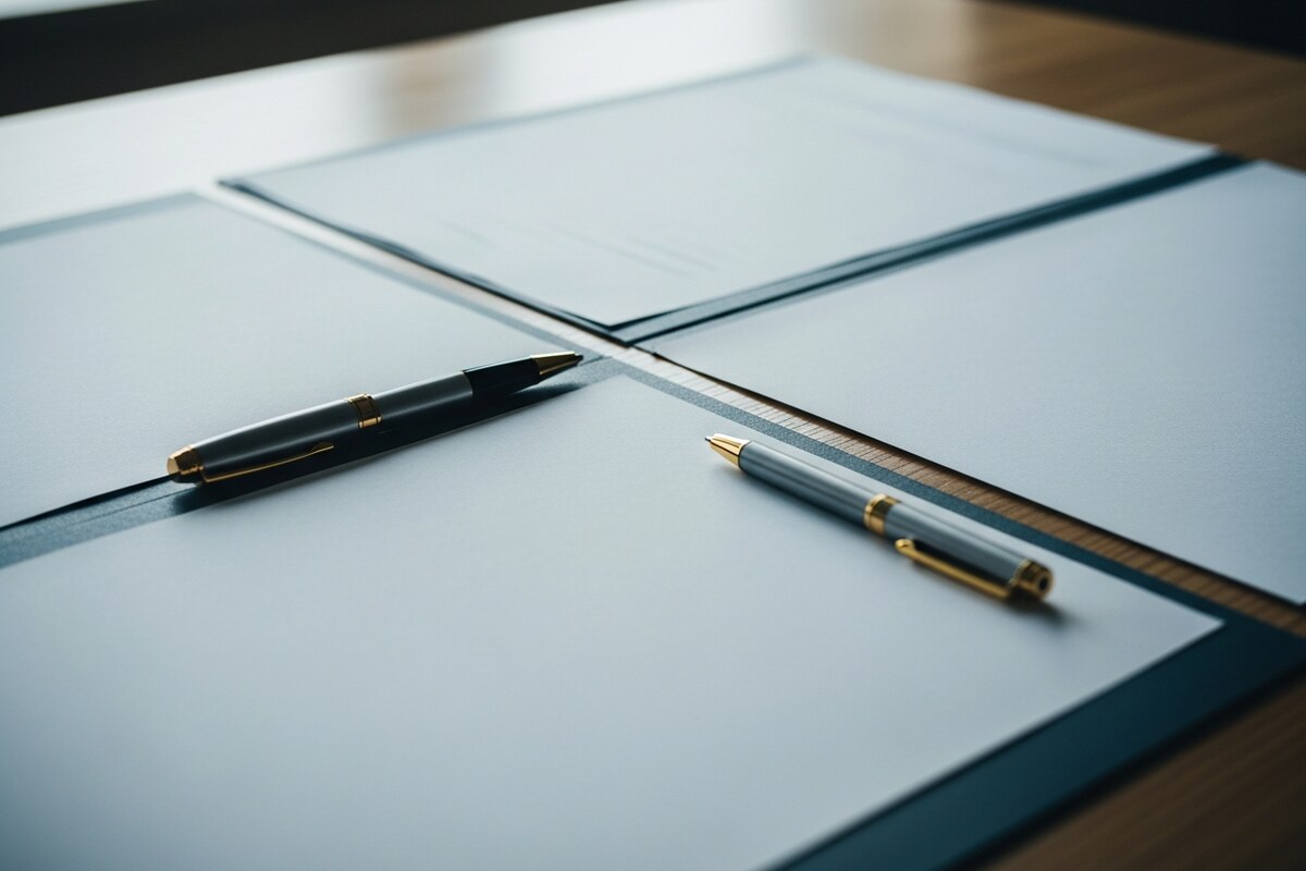 Business formation documents spread across a clean desk with pen at a decision junction in soft natural light