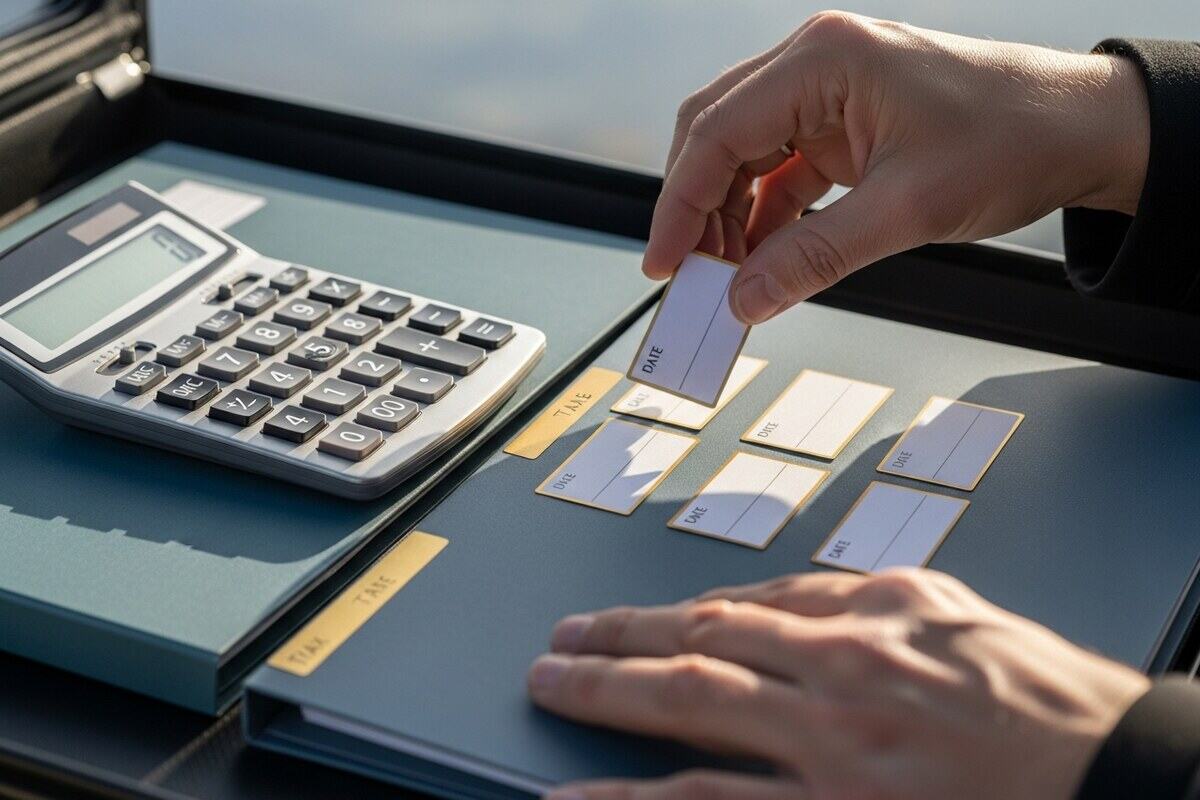 Hands arranging blank deadline cards beside a calculator