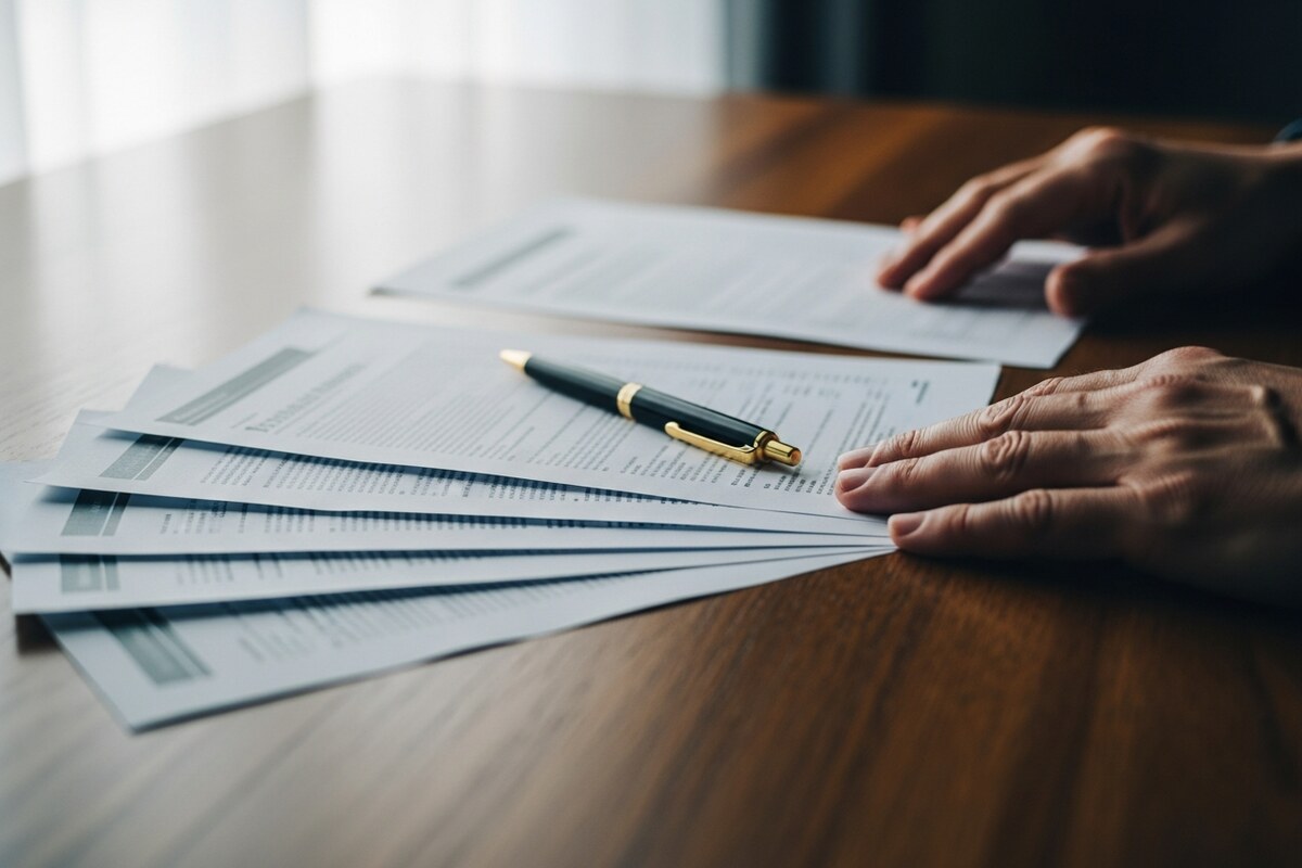Financial statement printouts fanned on a walnut desk with a pen resting across the edge