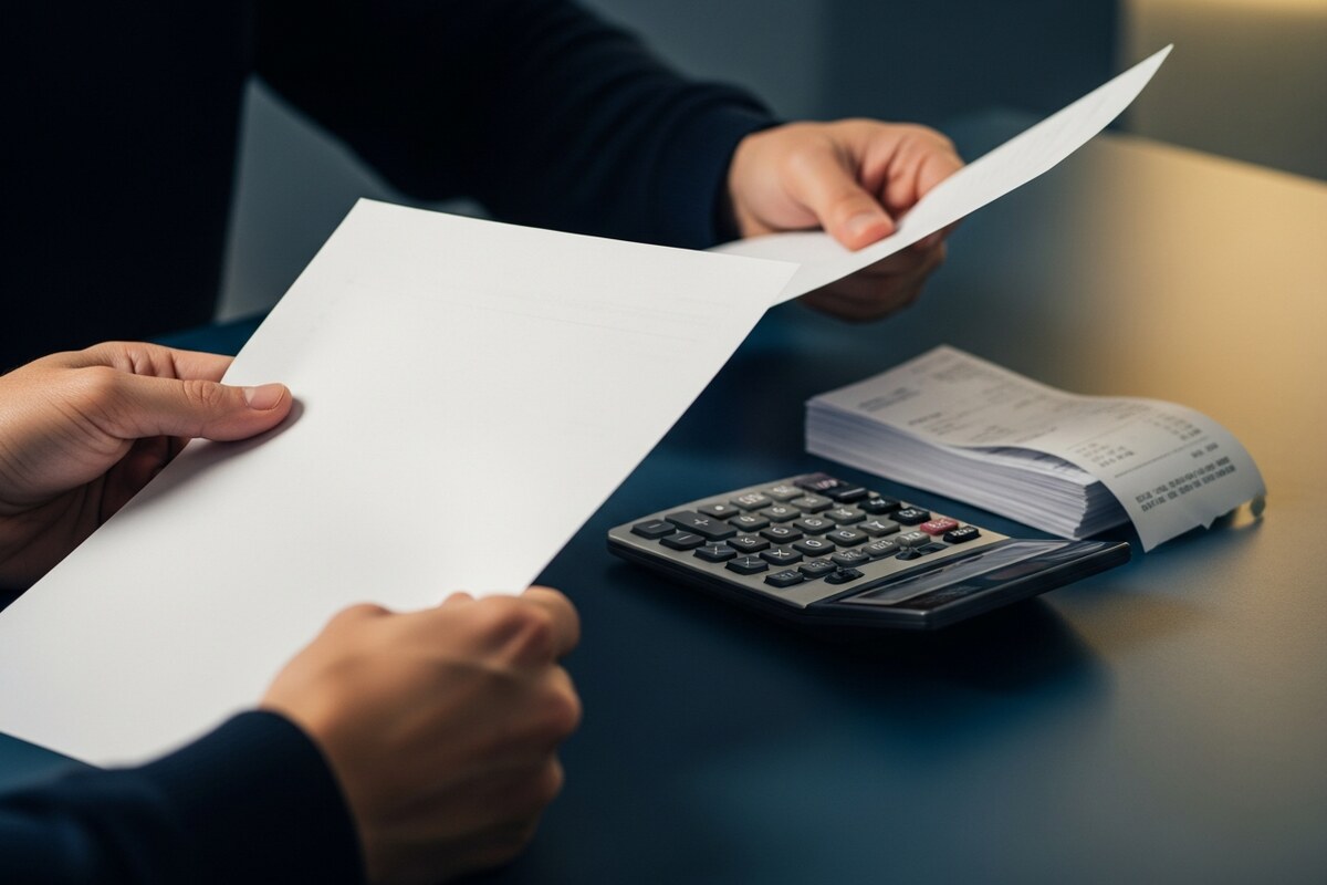 Hands checking blank statements and receipts with calculator
