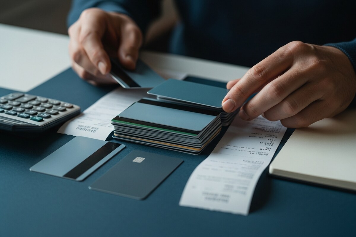 Hands organizing bank cards and records for account reporting
