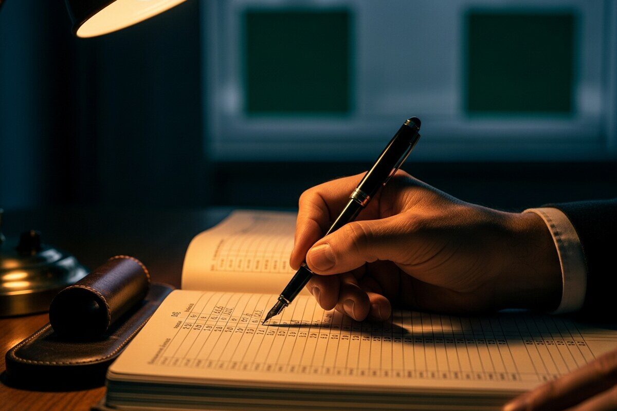 Close-up of hands carefully organizing financial documents in a leather portfolio on a wooden desk