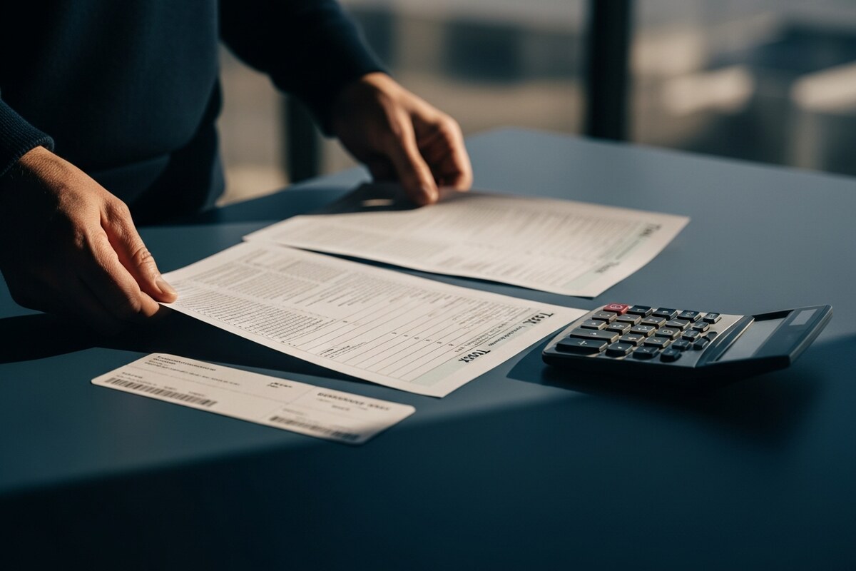 Hands arranging blank tax forms for an expat filing deadline