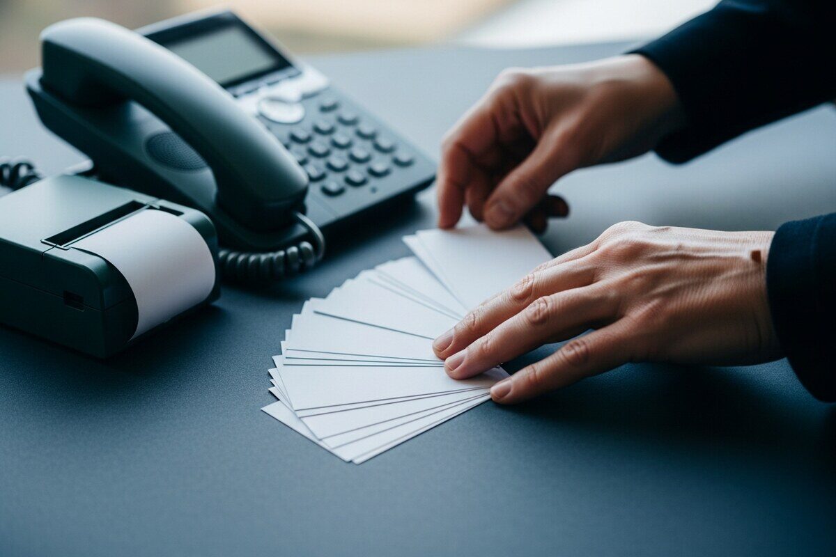 Hands organizing blank feedback cards for review follow-up