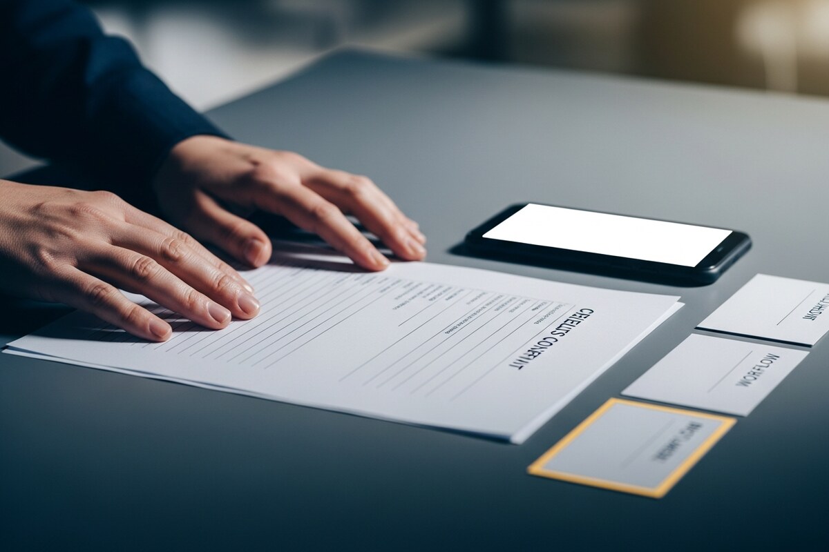 Hands reviewing blank client consent forms for review workflow