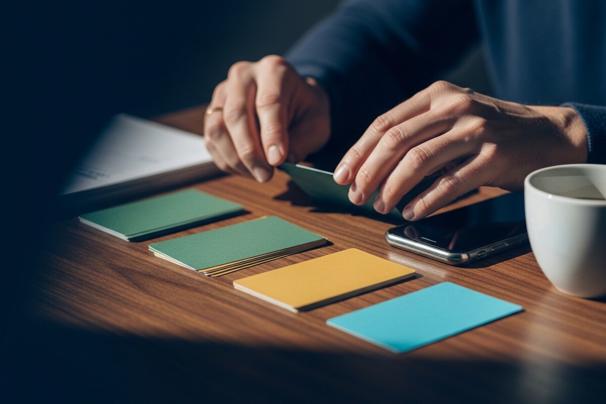 Hands organizing review response cards beside a phone