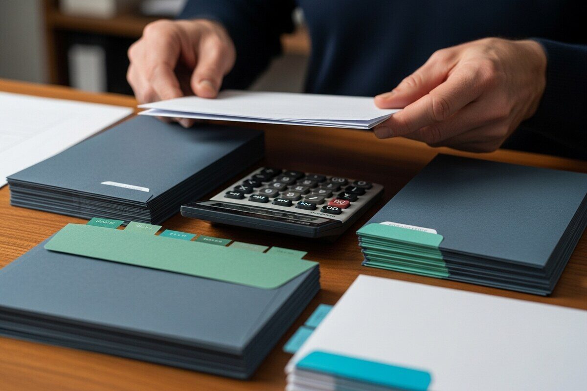 Hands sorting broker tax forms and calculator keys