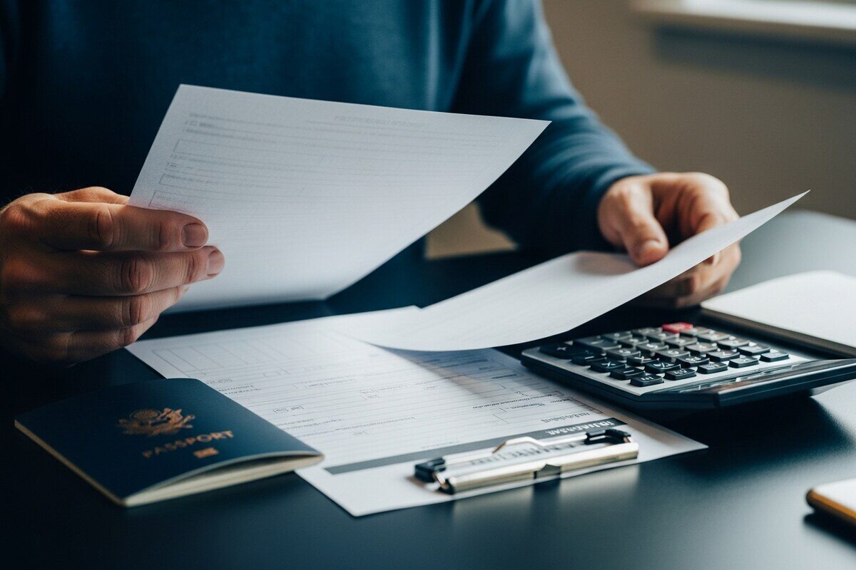 Hands reviewing documents before sending an overseas transfer