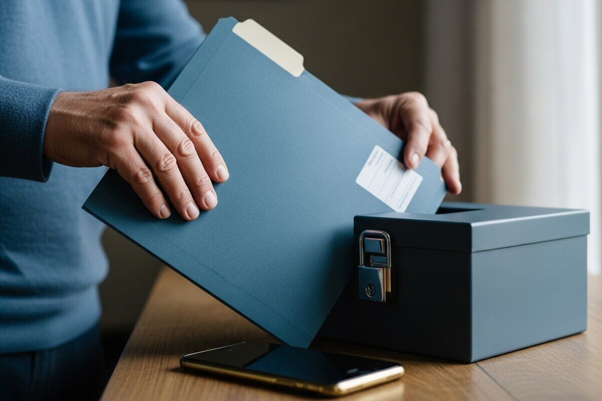 Hands storing a sealed tax folder inside a lockbox