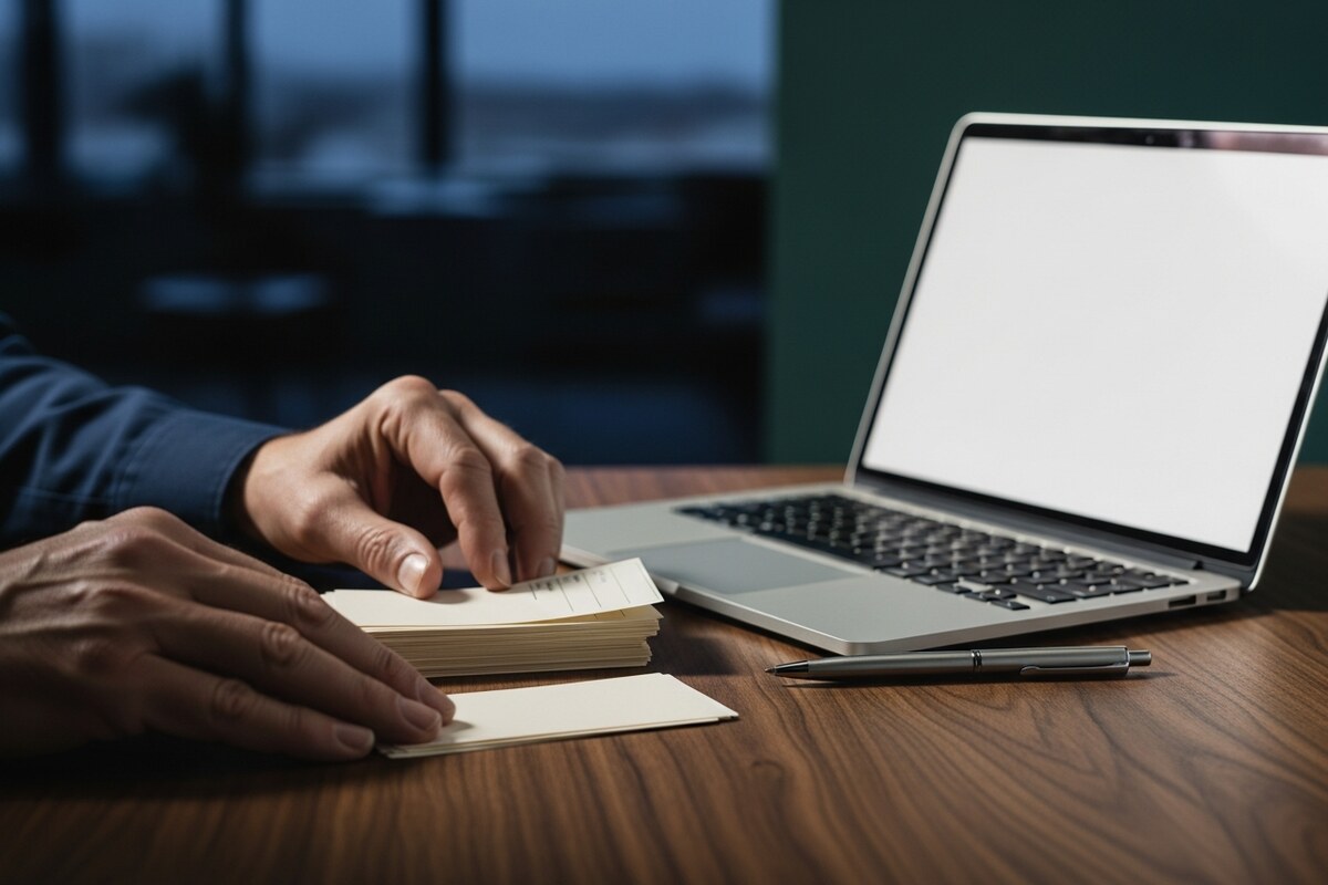 Hands organizing blank customer survey cards for review analysis