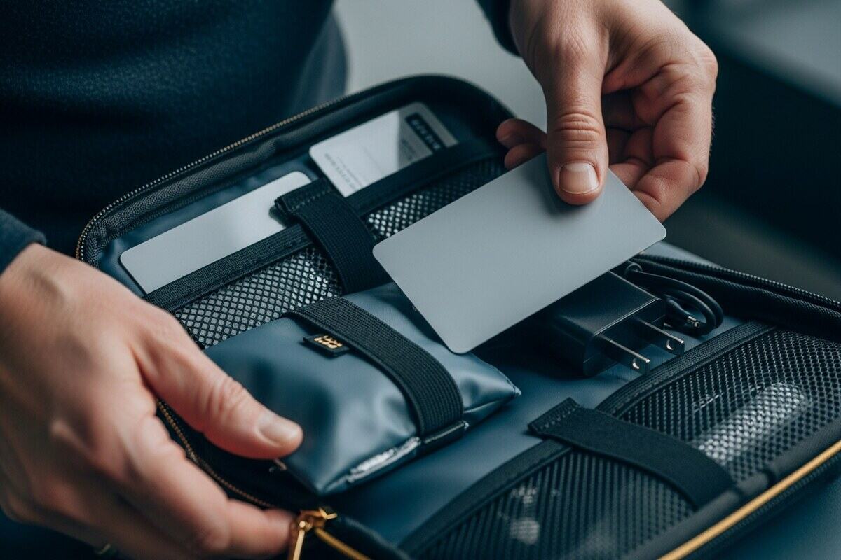 Hands packing blank insurance cards into travel medical kit