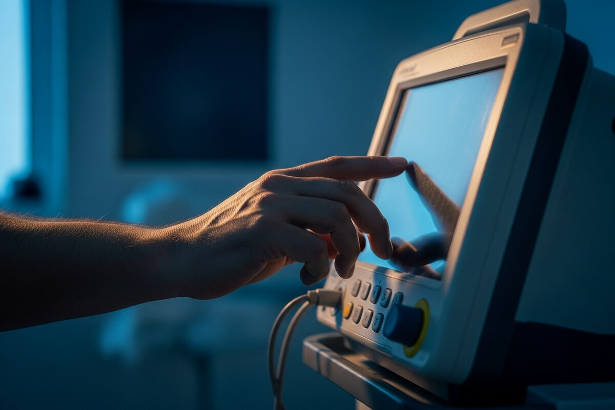 Paramedic adjusting medical equipment during emergency medical transport for international patient