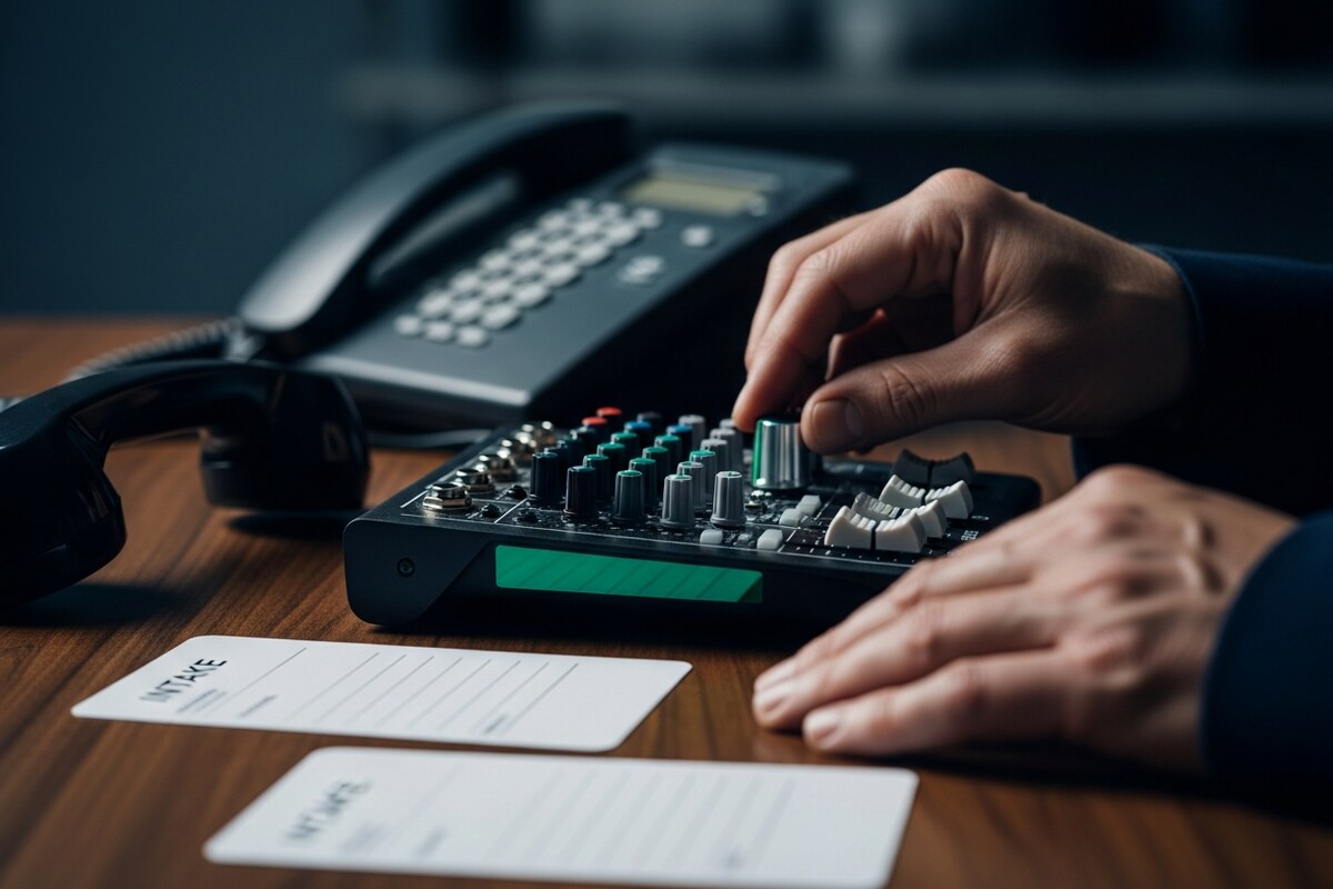 Hands configuring call equipment for client intake workflows
