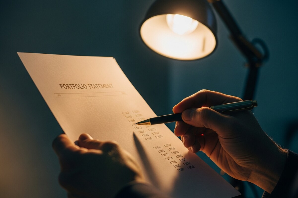 Close-up of hands reviewing a printed portfolio statement with a pen under warm desk light
