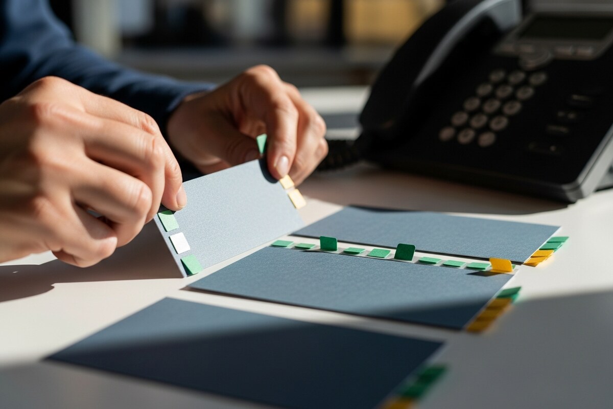 Hands sorting blank customer feedback cards with colored tabs