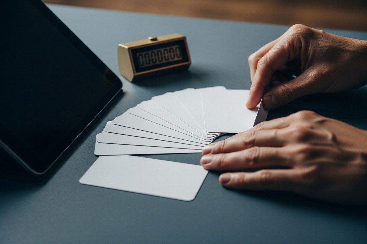 Operator organizing blank feedback cards for review response workflow