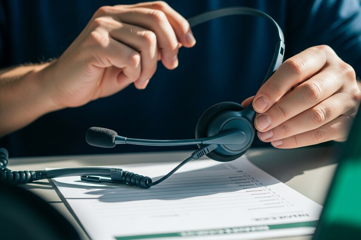 Hands preparing headset and intake workflow for callers