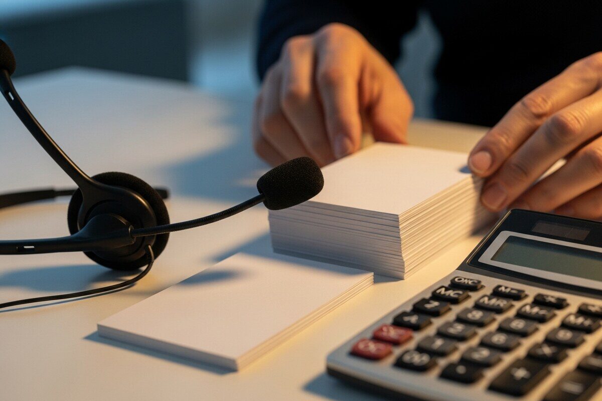 Hands organizing blank intake cards for caller follow up