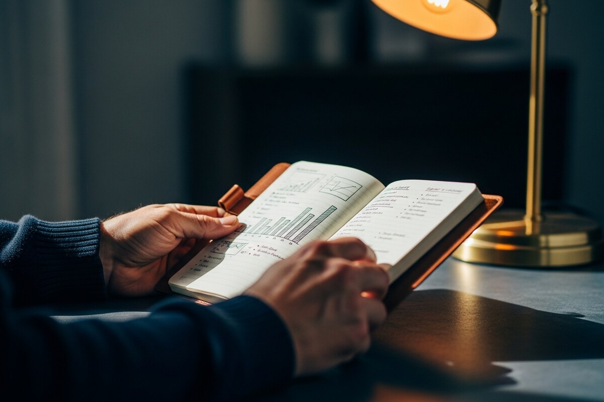 Weathered hands holding leather notebook with hand-sketched charts beside amber desk lamp