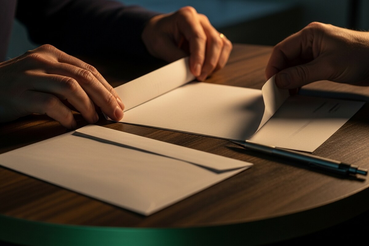 Hands folding a formal document beside a sealed legal envelope on a dark wood surface