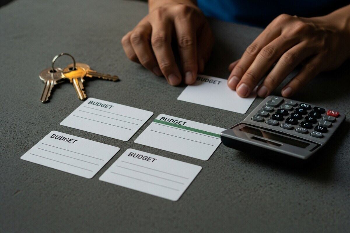 Hands arranging budget cards beside keys and calculator