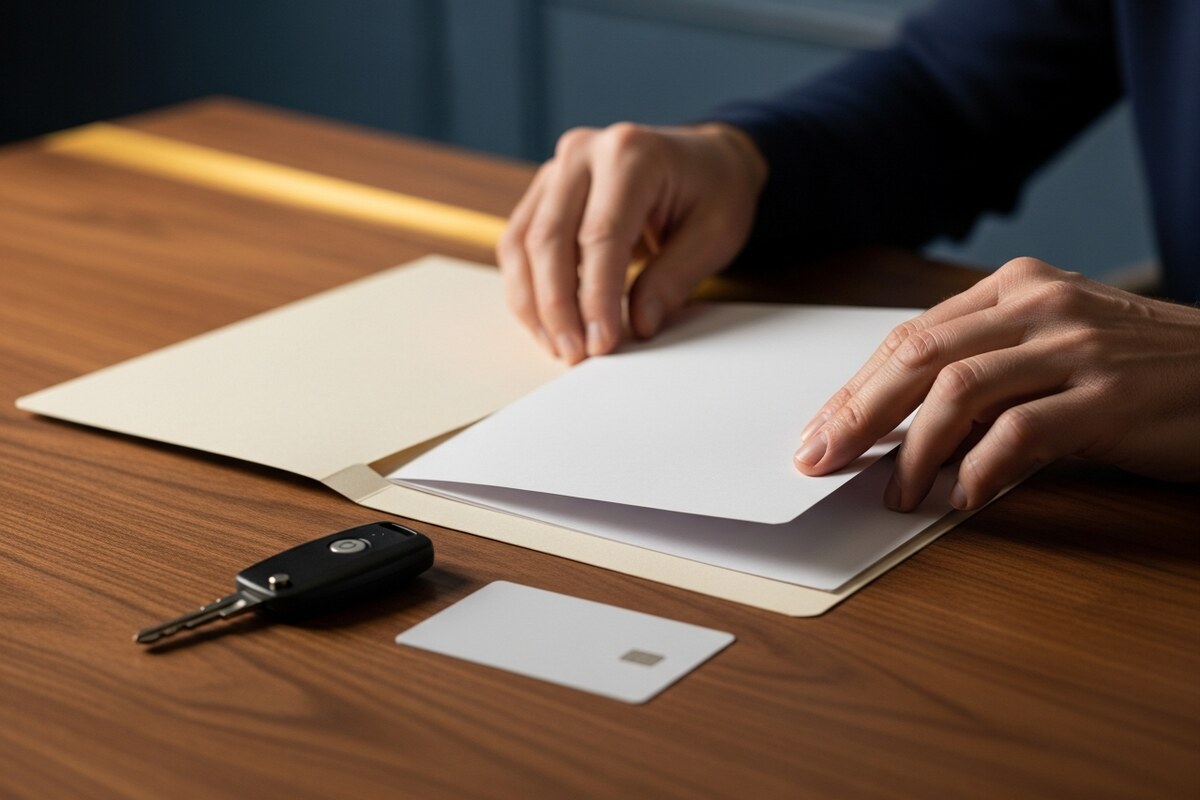 Hands organizing estate folder and account access materials