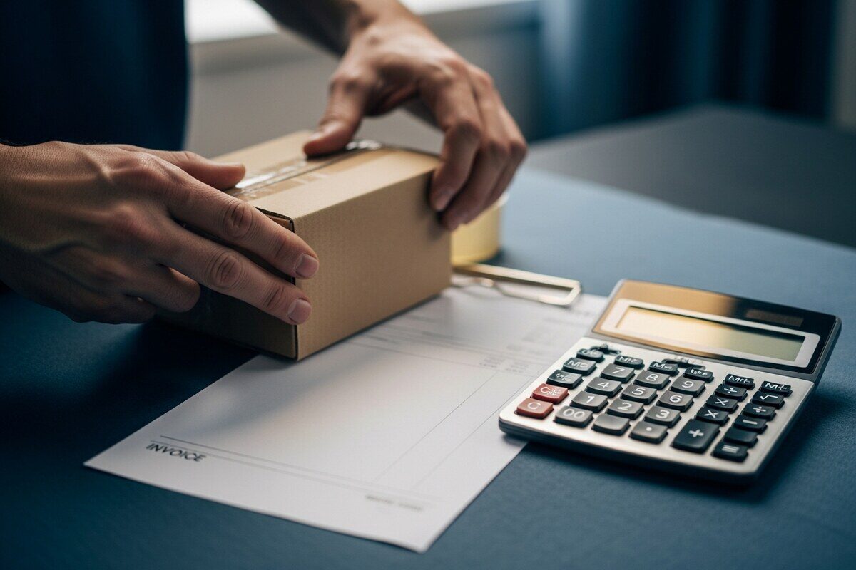 Hands packing unbranded parcel beside blank invoice