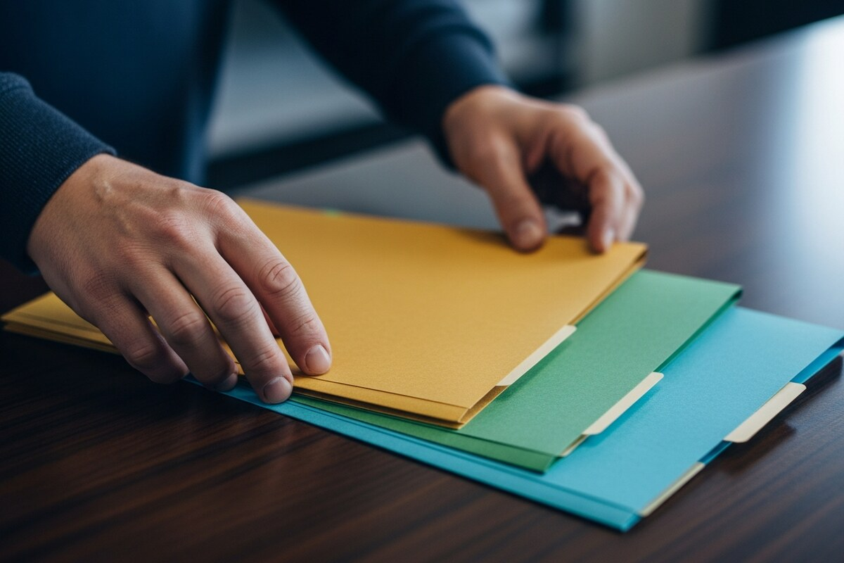 Hands organizing compliance documents and color-coded folders on a polished desk representing tax filing preparation