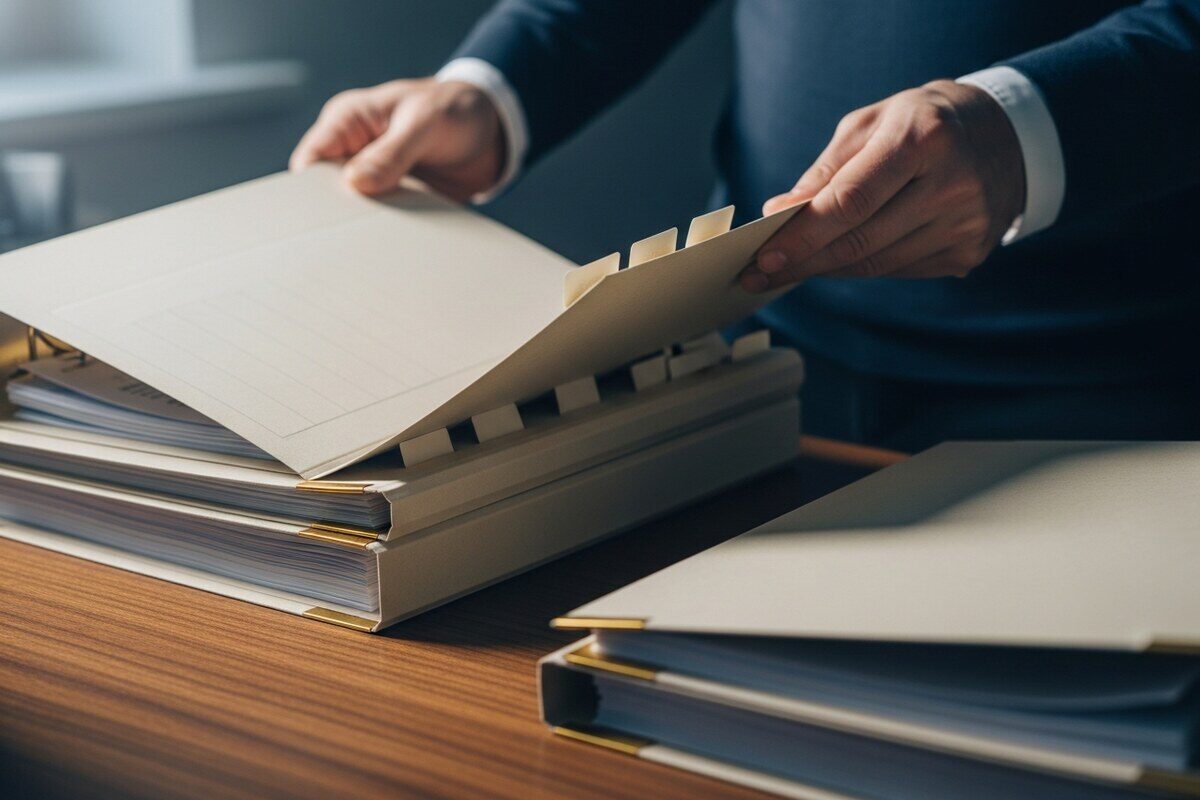 Hands organizing cream document folders on a walnut desk in soft natural window light