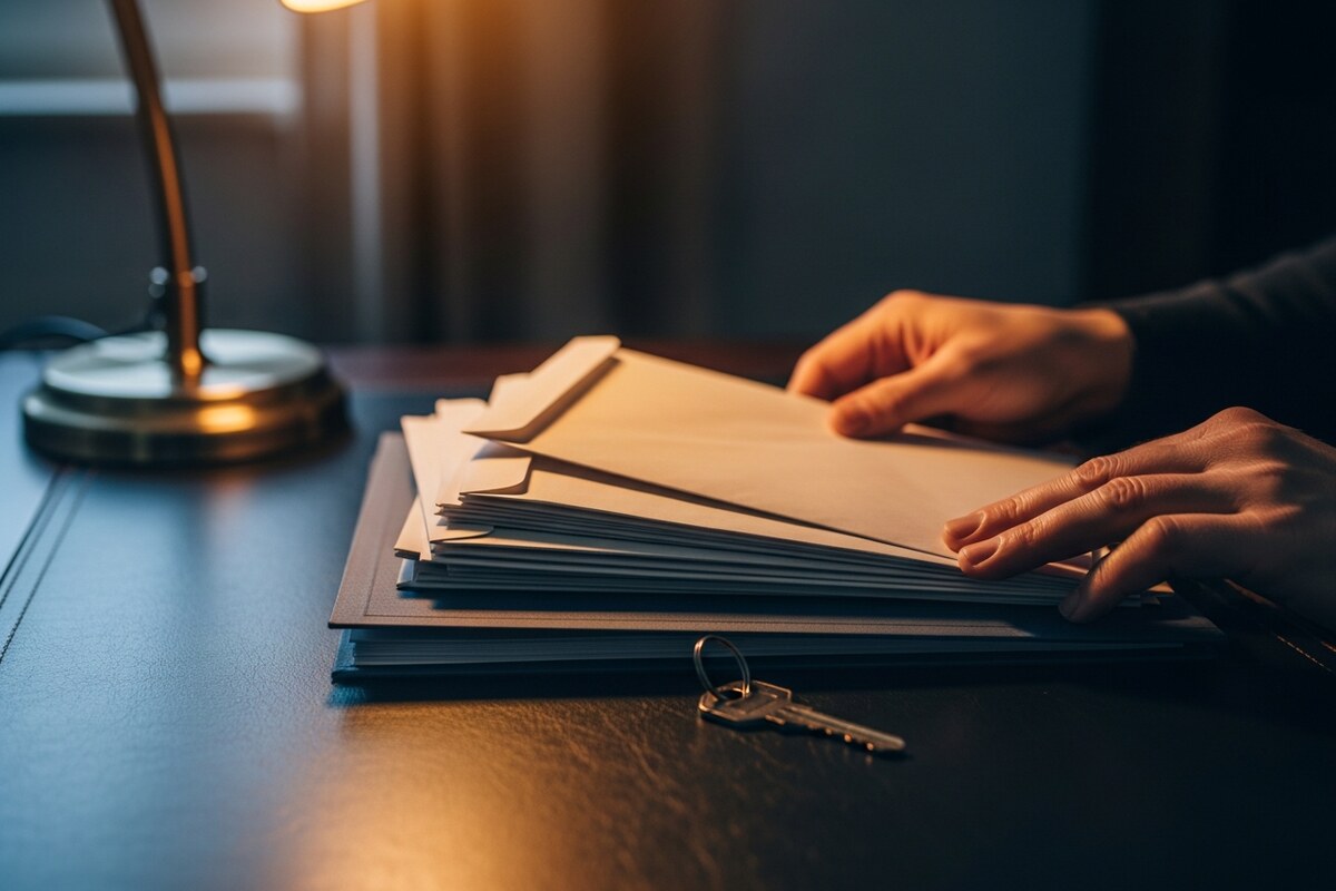 Close-up of hands sorting envelopes and folders on dark leather desk with house key