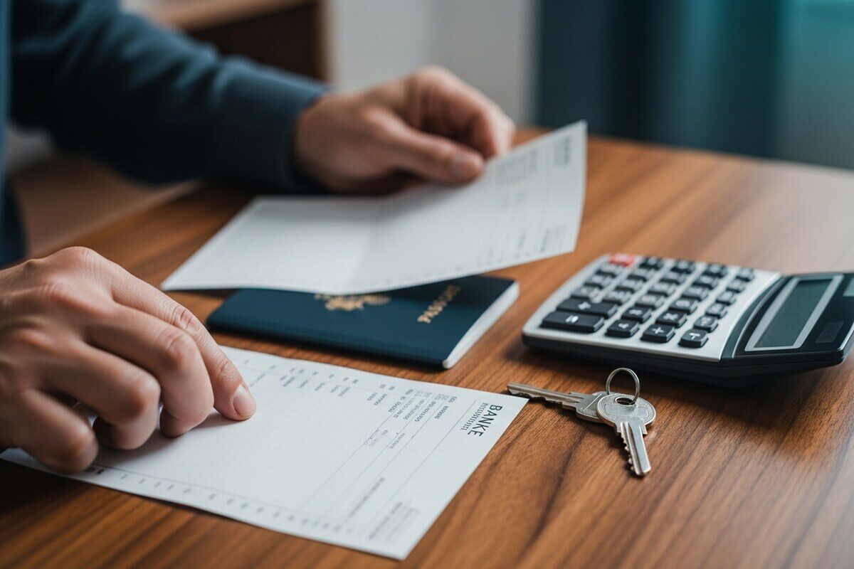 Hands organizing blank statements and keys for mortgage paperwork