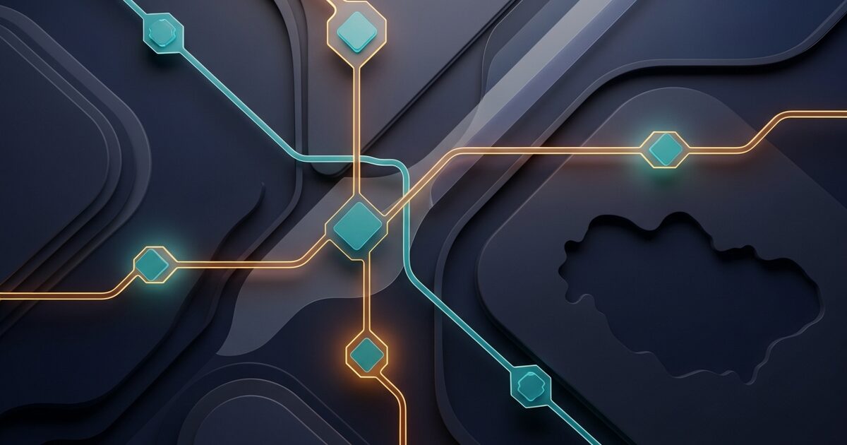 Glowing automation workflow nodes branching in amber and teal on a dark surface