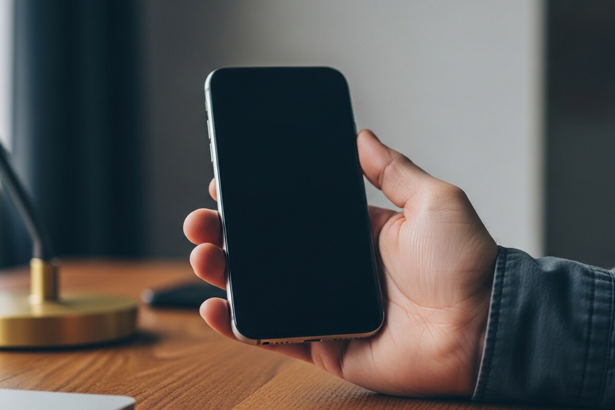Hand holding a blank smartphone on a wooden desk in warm ambient light