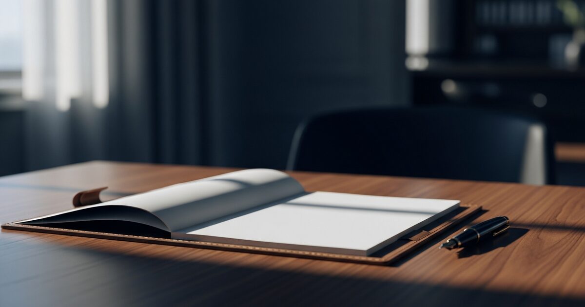 Professional expat tax consultation table with leather portfolio and warm window light