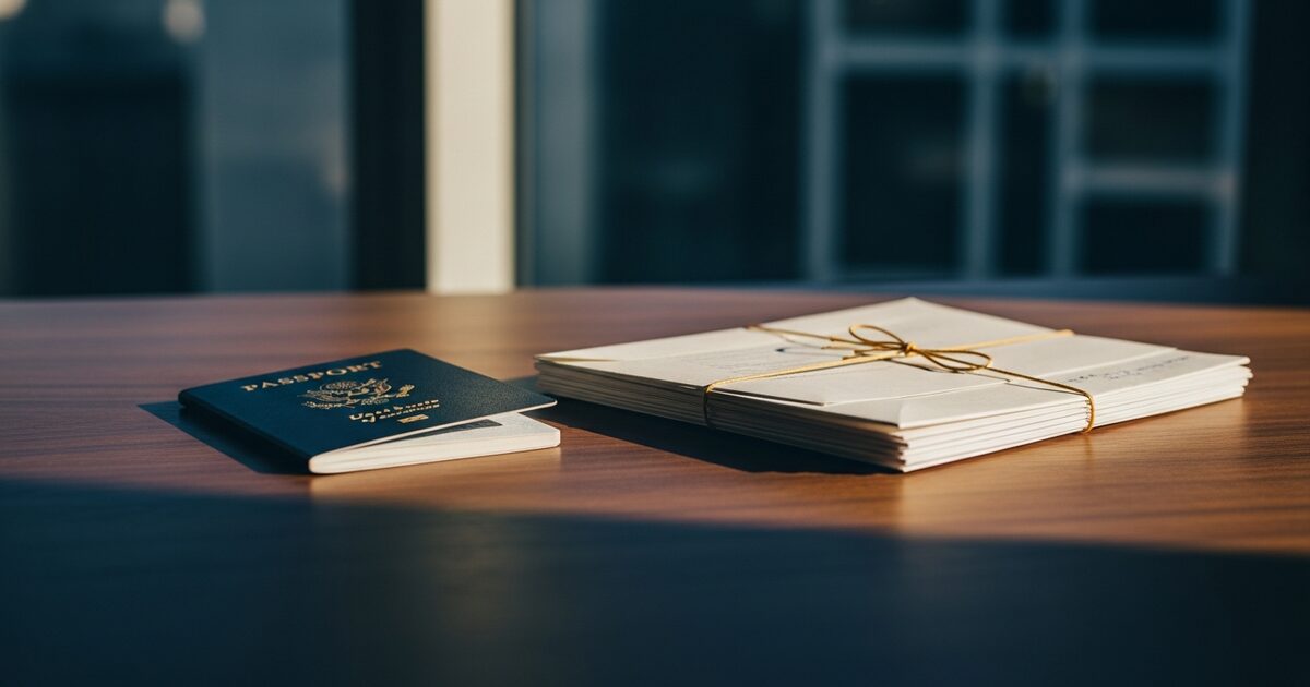Minimalist desk with open passport and official correspondence in warm afternoon light